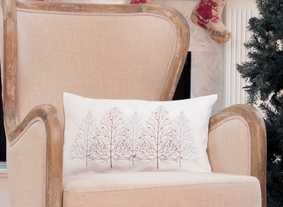 Festive Trees Embroidered Christmas Pillow, 12"x20", White