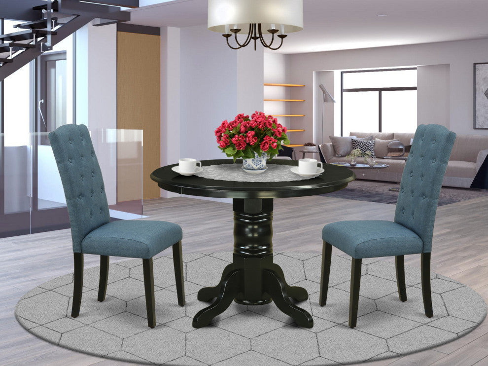 3Pc Dinette Set, Round Dining Table, Two Parson Chairs, Blue Fabric, Black