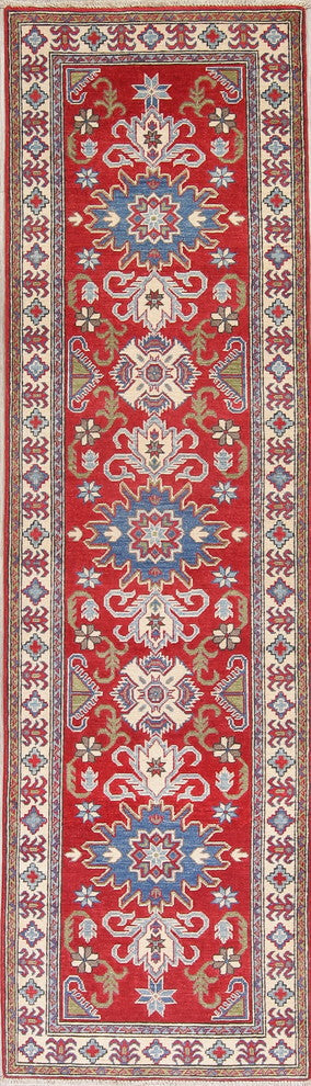 Pakistani Traditional Hand Made Wool Kazak Oriental Runner Rug, Red, 9'7"X2'9"