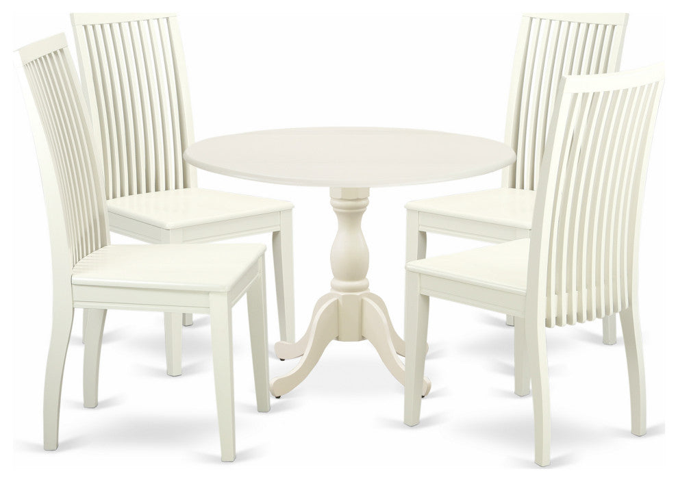 5 Pc Kitchen Set, 1 Drop Leaves Dining Room Table, 4 Black Chair, Linen White