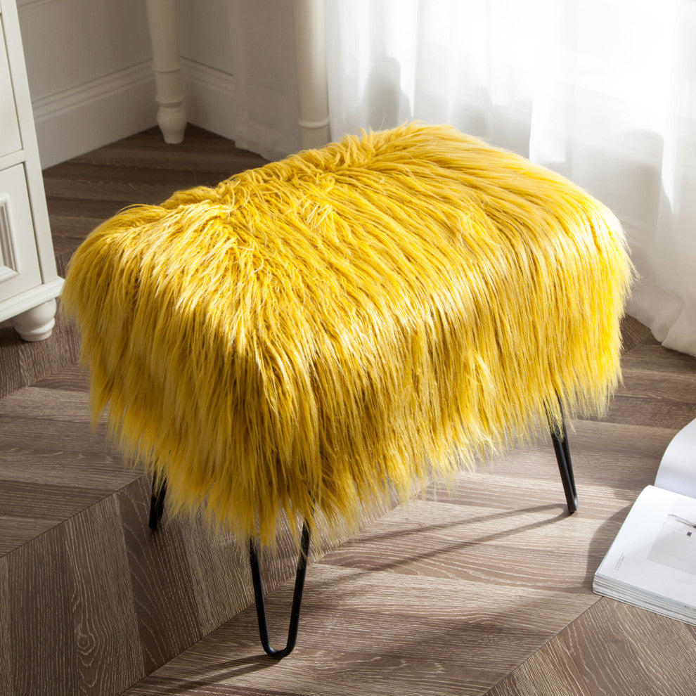 Mongolian Fur Ottoman, Lemon Curry, 19''x13''x17''
