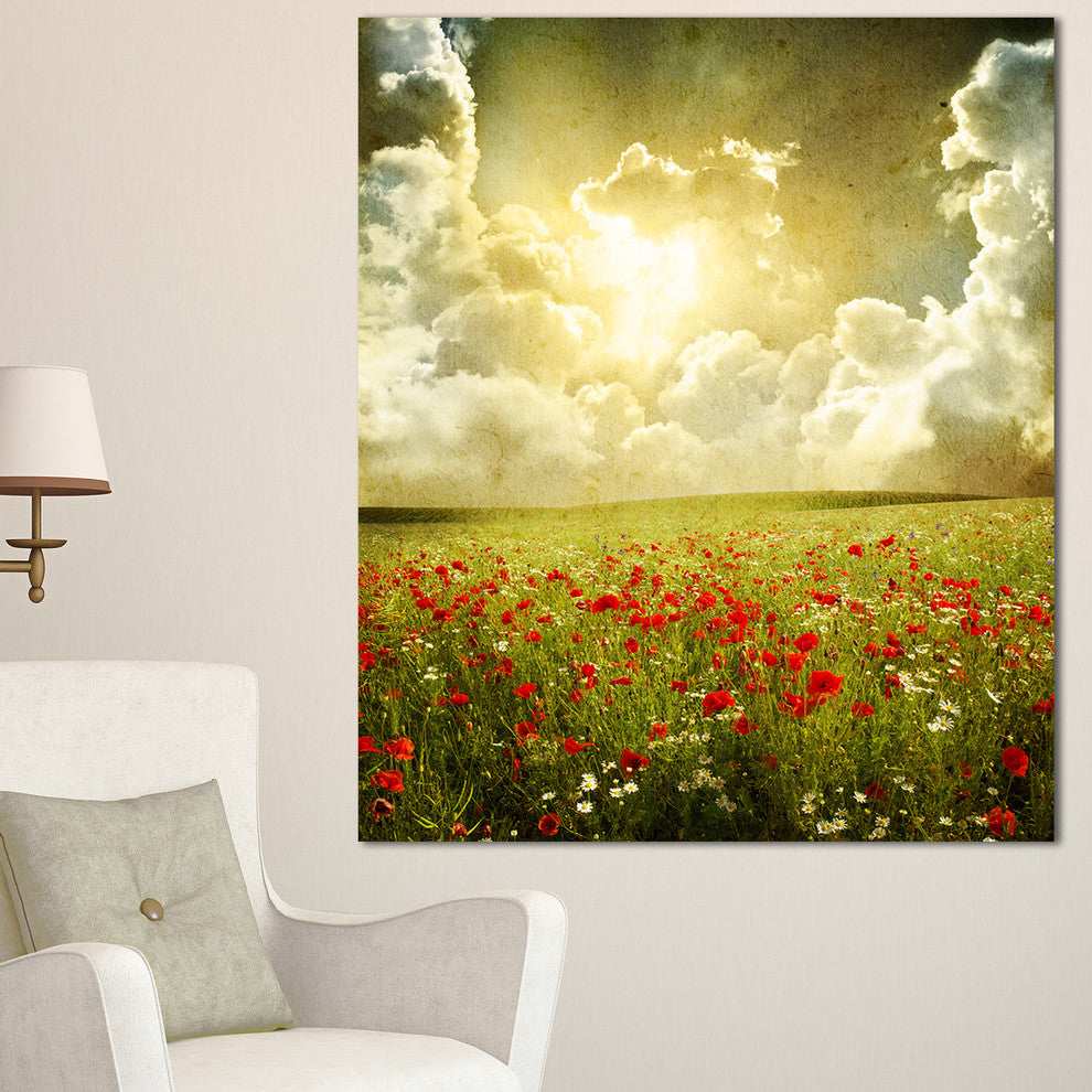 Wild Poppies on Cloudy Background, Extra Large Landscape Canvas Art, 30"x40"