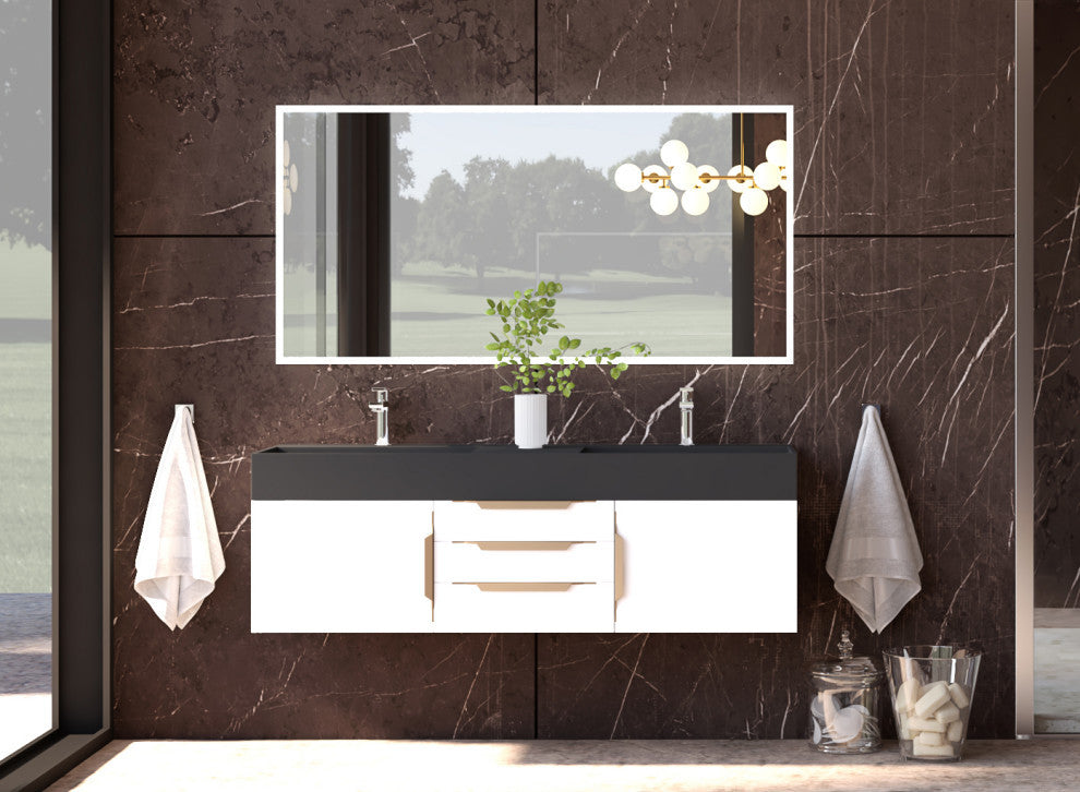 CastelloUSA Amazon 60" Wall Mounted Bathroom Vanity Set, White, Black Top, Gold Handles