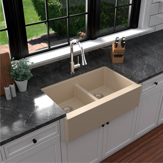 Karran Farmhouse Apron Front Quartz 34" Double Bowl Kitchen Sink, Bisque