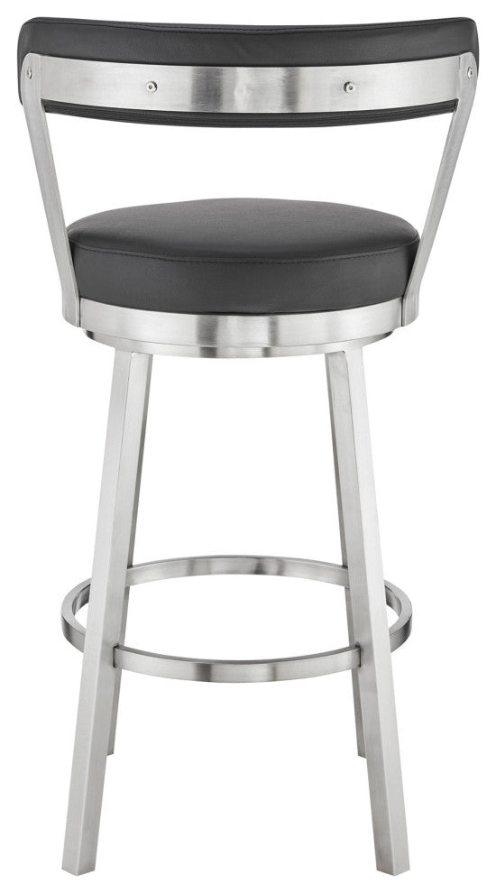 30" Chic Black Faux Leather With Stainless Steel Finish Swivel Bar Stool