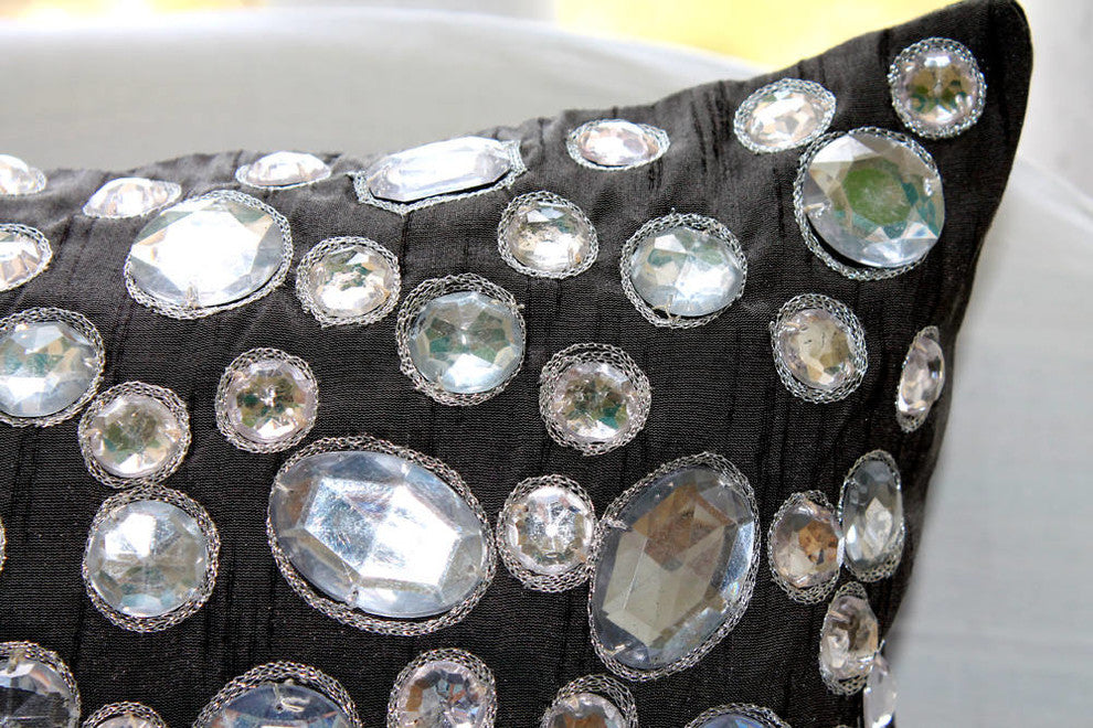 Black Decorative Pillow Covers 24"x24" Silk, We Love Bling Bling