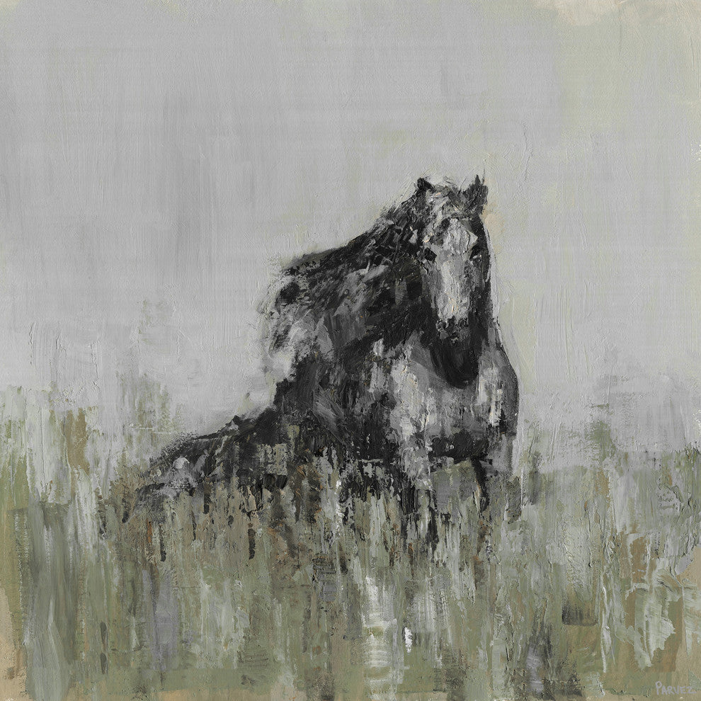 "Dark Horse at the Meadow" Painting Print on Wrapped Canvas, 48"x48"