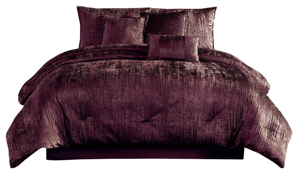 Benzara Jay 7 Piece Queen Comforter Set, Purple Polyester Velvet, Texture