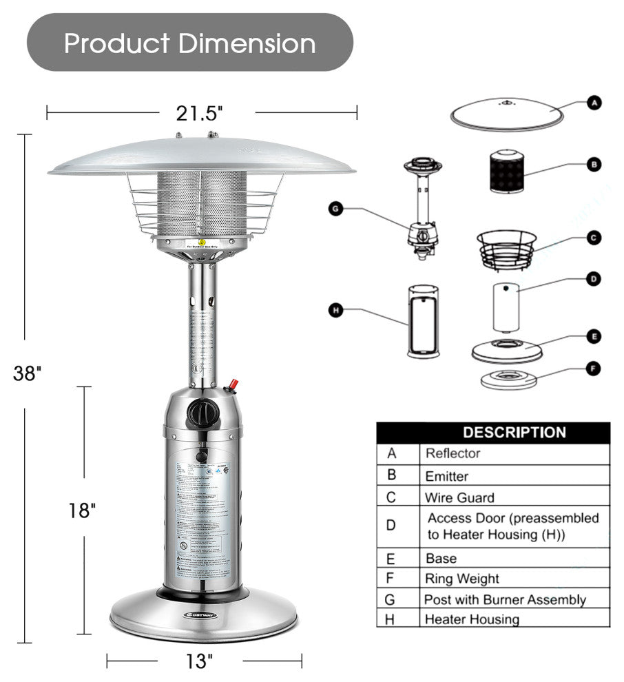 Costway Patio Propane Heater 11,000BTU Portable Tabletop Stainless Steel