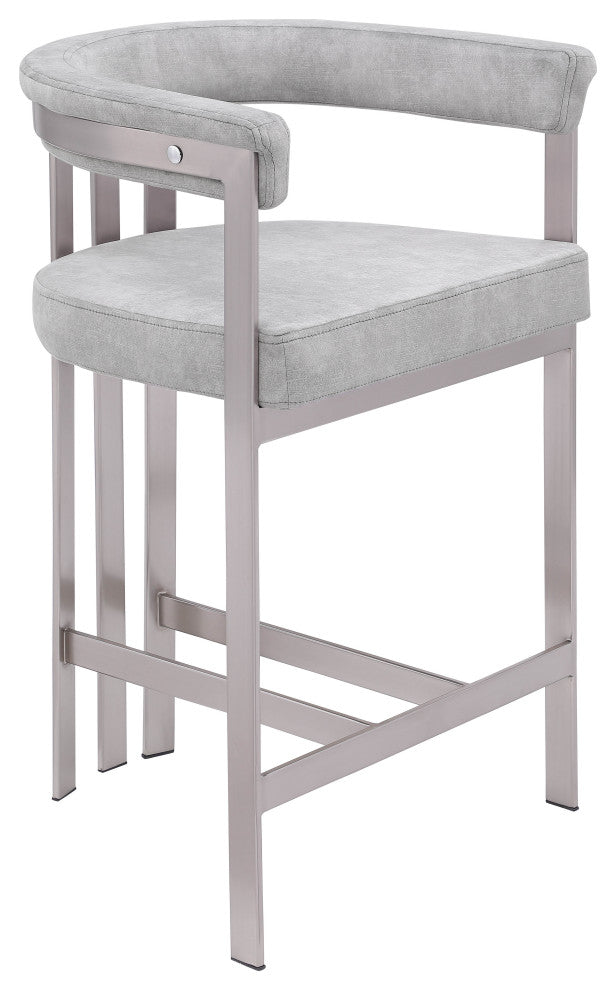 Marcello Upholstered Counter Stool, Grey, Velvet, Brushed Chrome