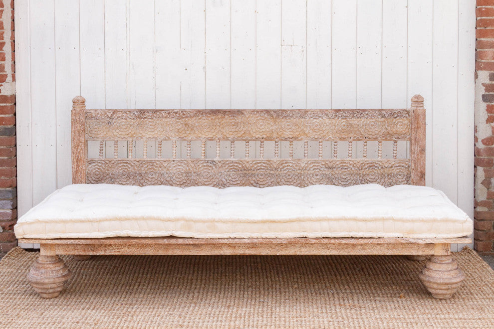 Carved Floral Whitewash Reclaimed Wood Daybed