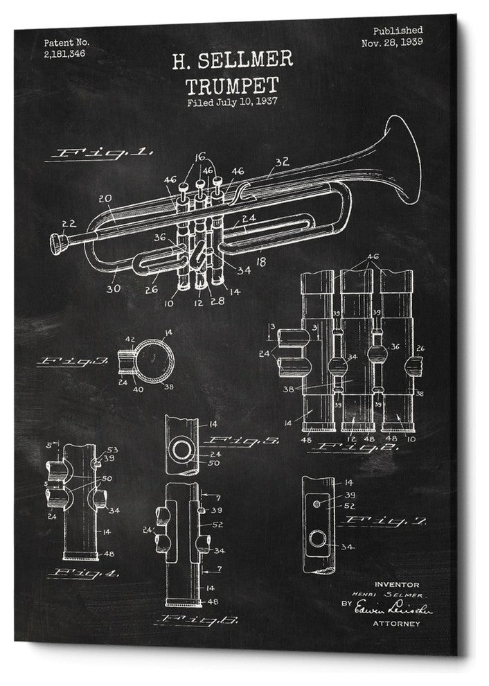 Epic Graffiti "Trumpet Blueprint Patent Chalkboard" Giclee Canvas Art, 26"x40"