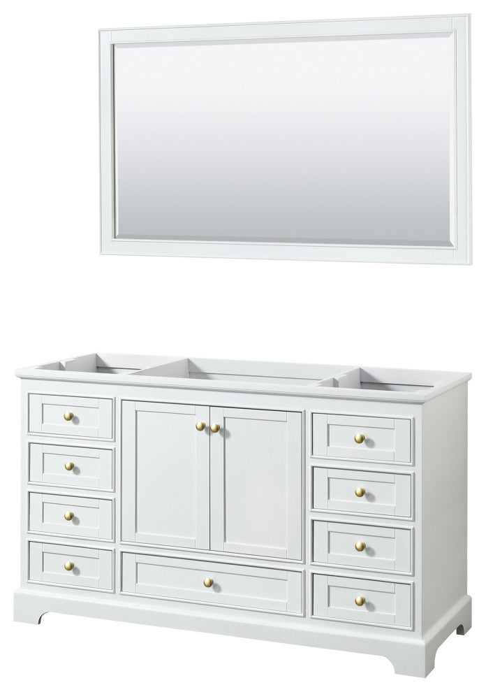 60" Single Bath Vanity, White, No Countertop, Gold Trim, 58" Mirror