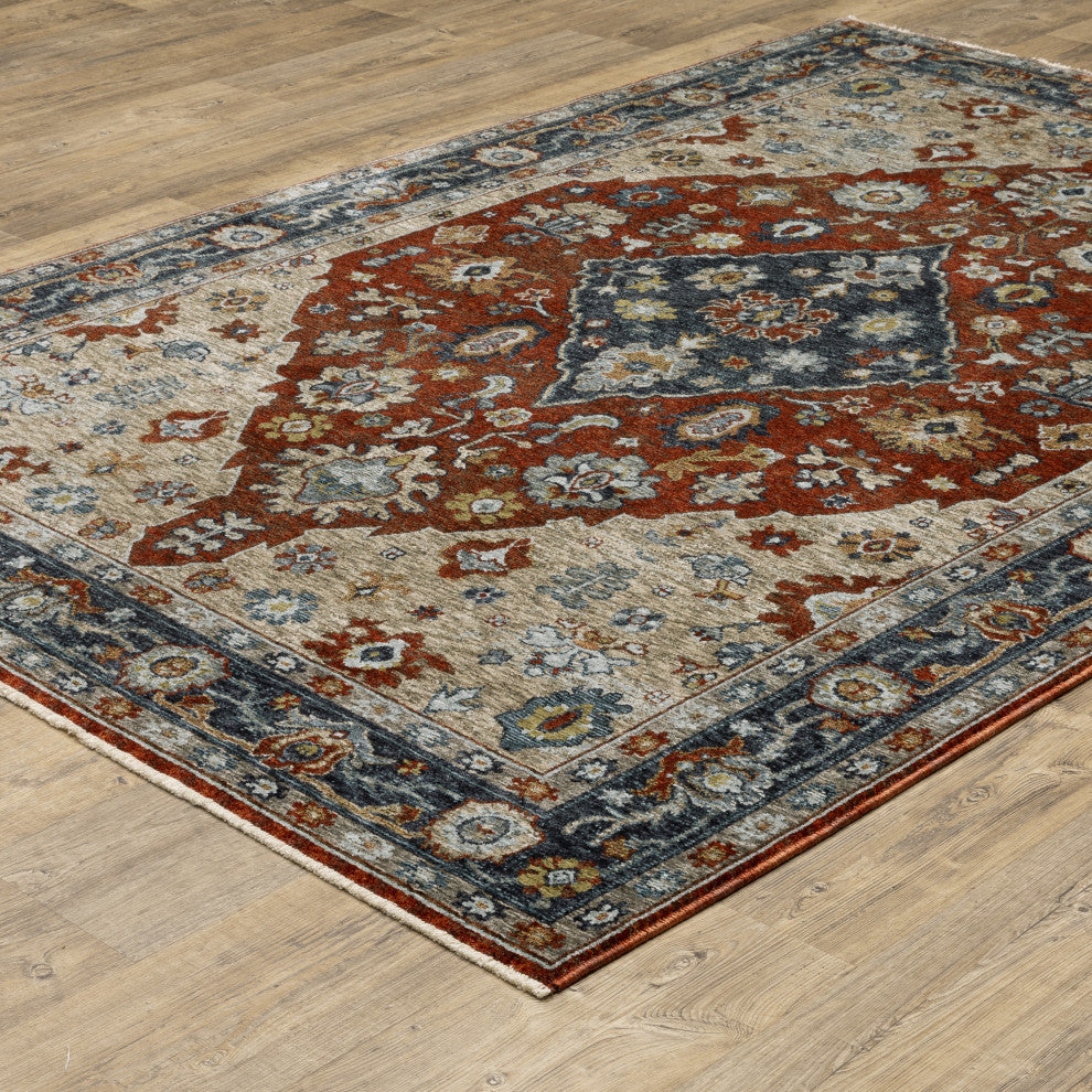 Augustus Vintage Medallion Rust/ Blue Indoor Area Rug, Red, 6'7"x9'6"