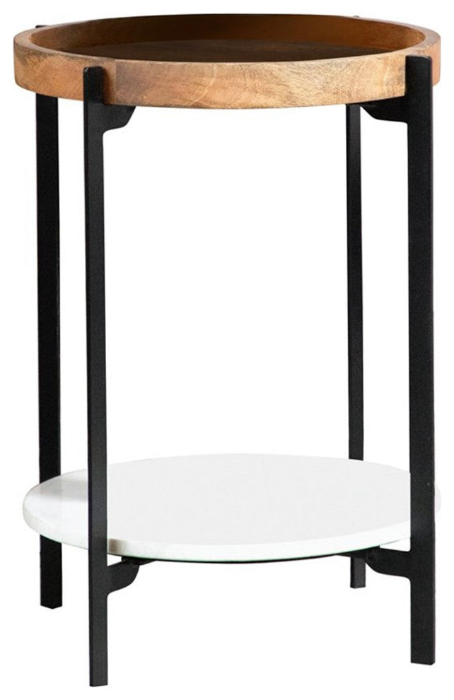 Pemberly Row Round Accent Table with Marble Shelf in Natural and Black