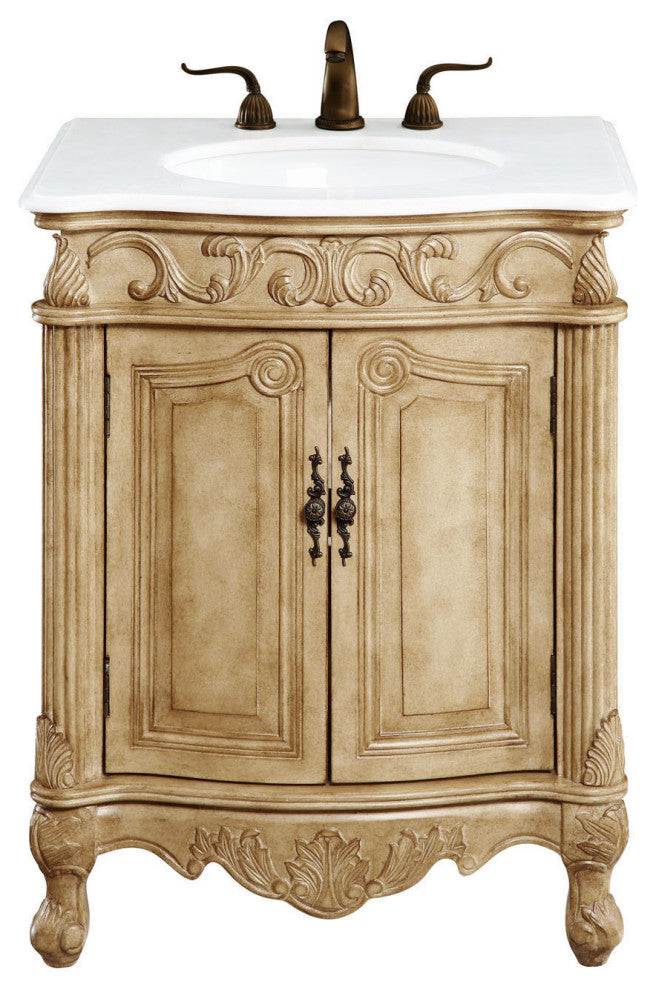 27" Single Bathroom Vanity, Antique Beige With ivory white engineered marble, Antique Beige, Ivory White Engineered Marble Top
