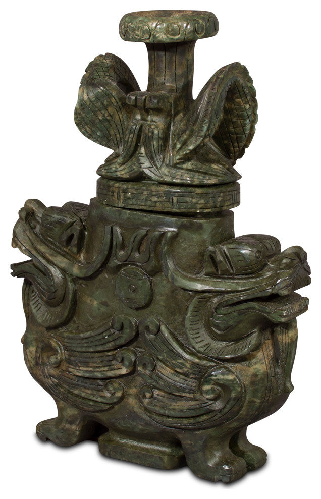 Hand Carved Chinese Jade Winged Lion Vessel with Removable Lid