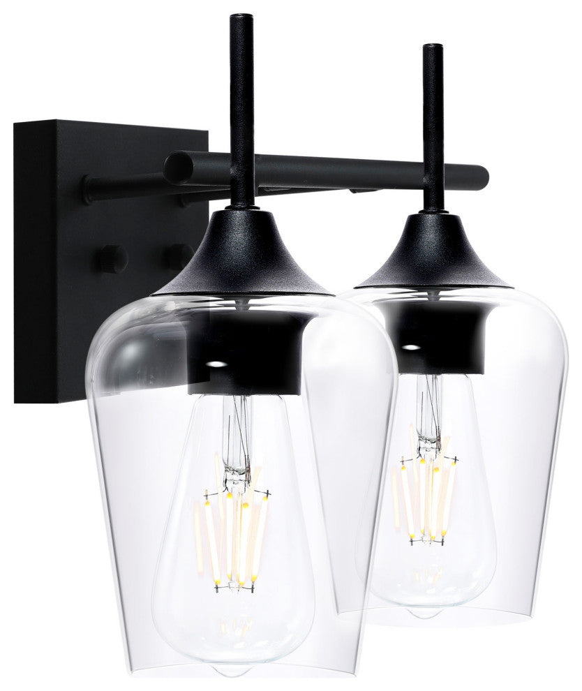 Dimmable Matt Black Vanity Light With Clear Glass Shades, 2-Light
