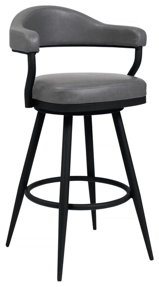 Justin 30" Bar Height Swivel Grey Faux Leather Bar Stool with Black Metal Legs