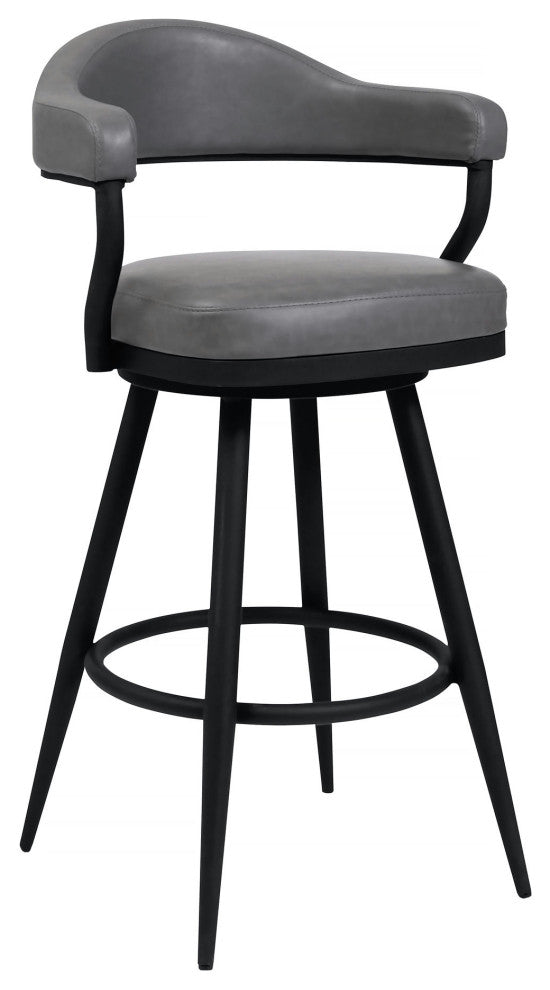 Justin 30" Bar Height Swivel Grey Faux Leather Bar Stool with Black Metal Legs