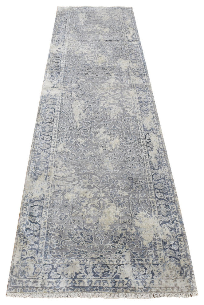 Gray, Erased Kashan Design, Wool With Silk Hand Knotted Runner Rug, 2'6"x9'10"