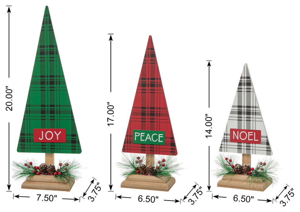 3-Piece Set Wooden Christmas Plaid Table Tree