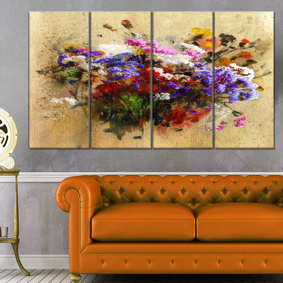 Floral Still with Bunch of Flowers, Floral Art Canvas Print, 48"x28", 4 Panels