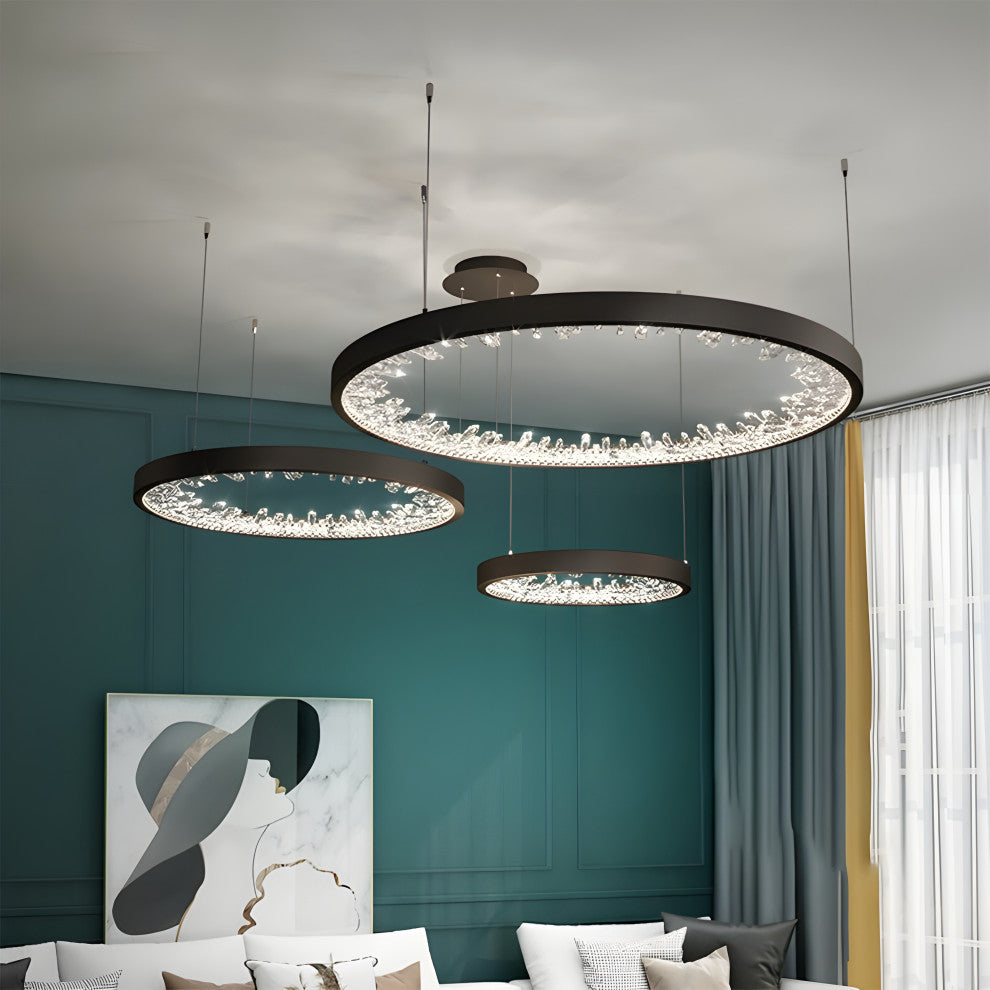 Altidona | Black Rings Modern Crystal Creative Luxury Hanging Led Chandelier, 3 Rings 4 Bases