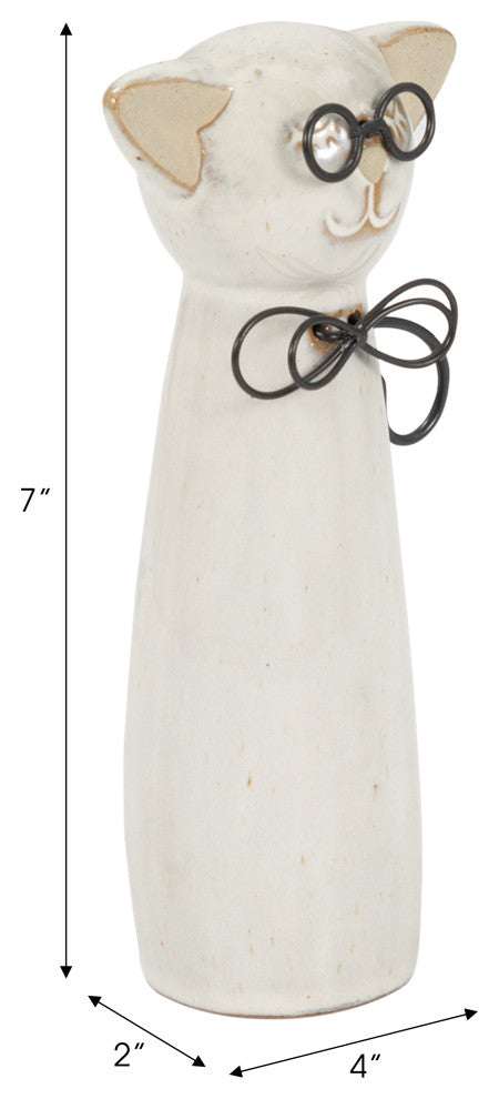 Ceramic 7"H Cat With Glasses, Beige