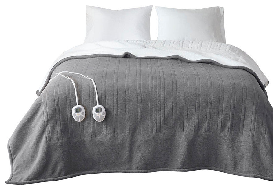 Serta Fleece to Sherpa Heated Fleece and Sherpa Bedding Blanket, Dark Grey