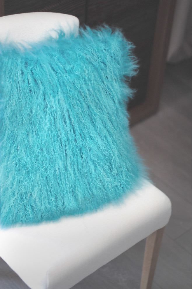 Genuine Mongolian Sheepskin Throw Pillow with Insert (16+ Colors), Turquoise