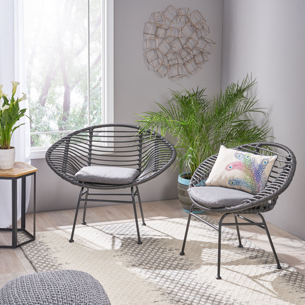 Aleah Indoor Woven Faux Rattan Chairs With Cushions, Set of 2, Gray, Dark Gray