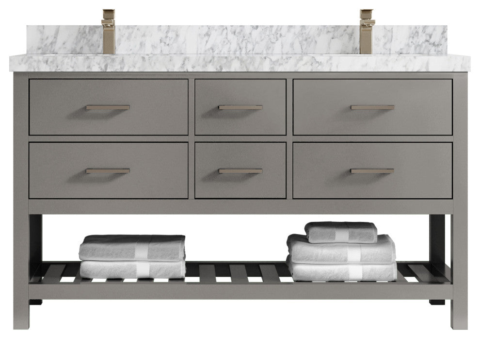 Parker 60 Double Sink Bathroom Vanity in Elephant Skin Gray  2" Carrara Marble