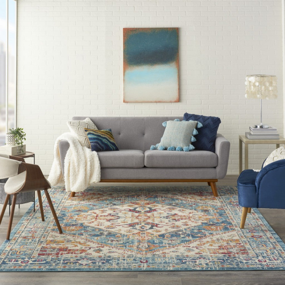 8 x 10 Ivory and Light Blue Distressed Area Rug