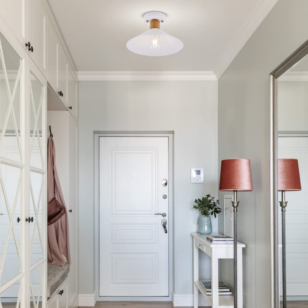 Industrial White Semi Flush Mount Light, Farmhouse, Wood Ceiling Light Fixture