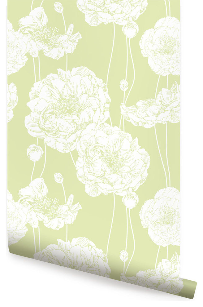 Peony Peel and Stick Vinyl Wallpaper, Lime Green, 24"w X 60"h