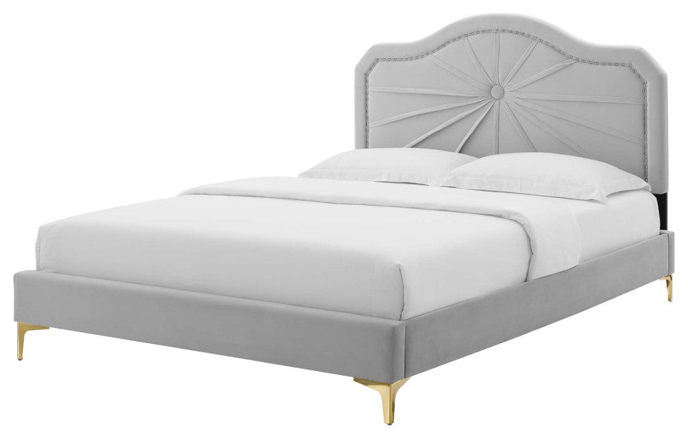 Platform Bed Frame, King Size, Velvet, Light Gray, Modern Contemporary