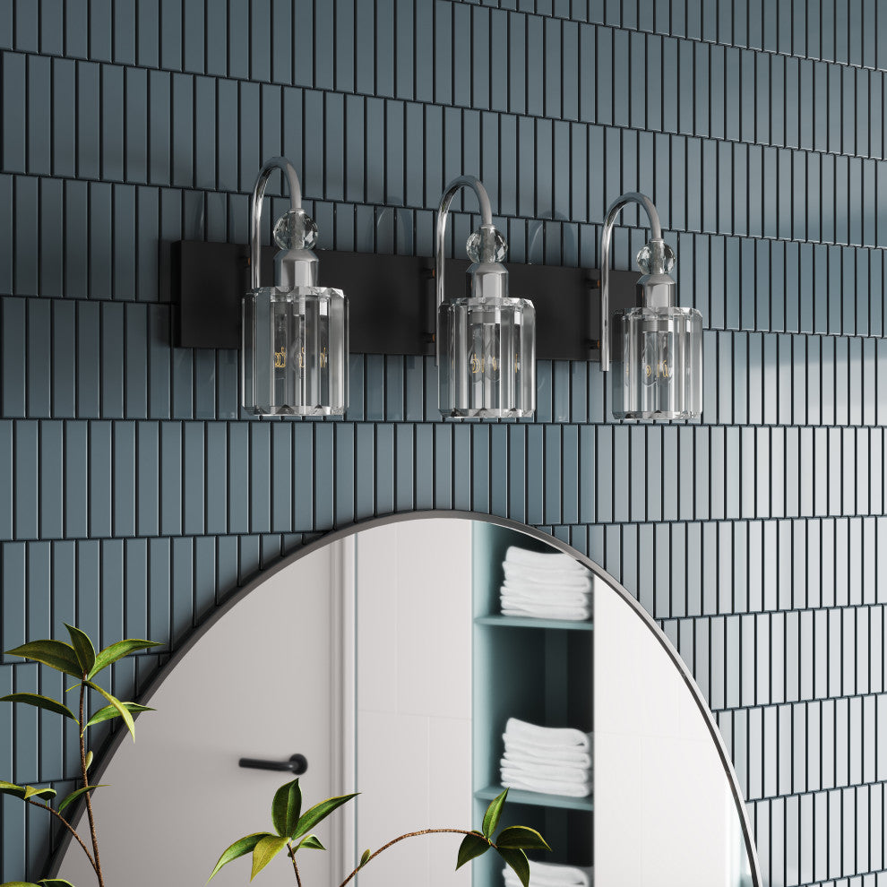 Modern Chrome 3-Light Bathroom Vanity Lighting with Cylinder Textured Glass