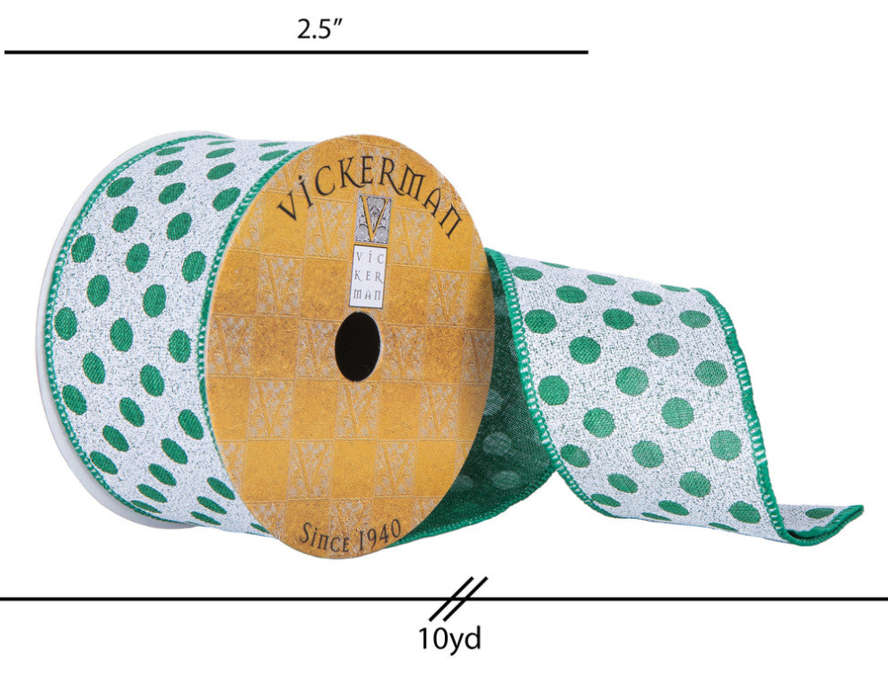 Vickerman Q201623 2.5"X10 Yard Green Dots Pattern Christmas Ribbon
