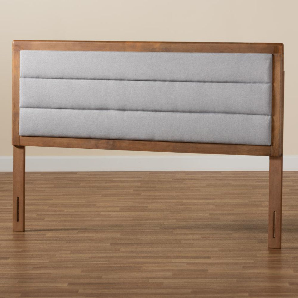 Light Grey Fabric Upholstered and Walnut Brown Finished Wood King Size Headboard