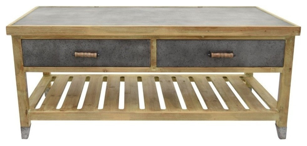 Wooden Coffee Table With 2 Drawers And Lower Slatted Shelf Brown