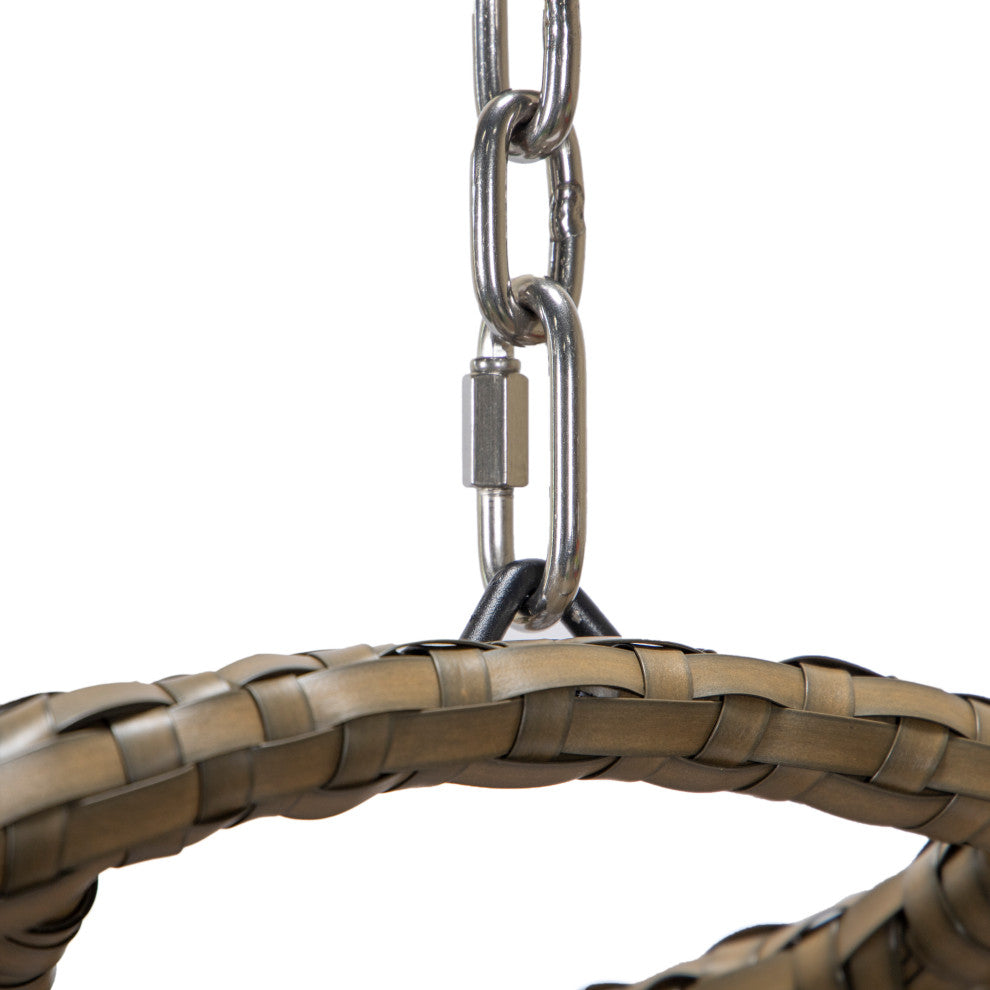 LeisureMod Beige Wicker Hanging Egg Swing Chair With Stand and Cushion, Charcoal Blue