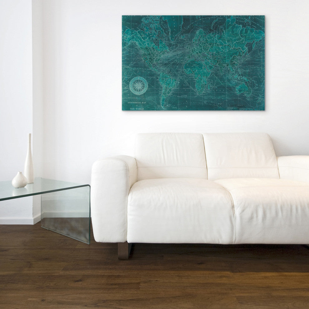 "Azure World" World Map Wall Art on Frameless Tempered Glass 48" x 32"