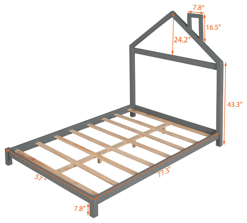 Gewnee Wood Full Size Platform Bed with House Shaped Headboard in Gray
