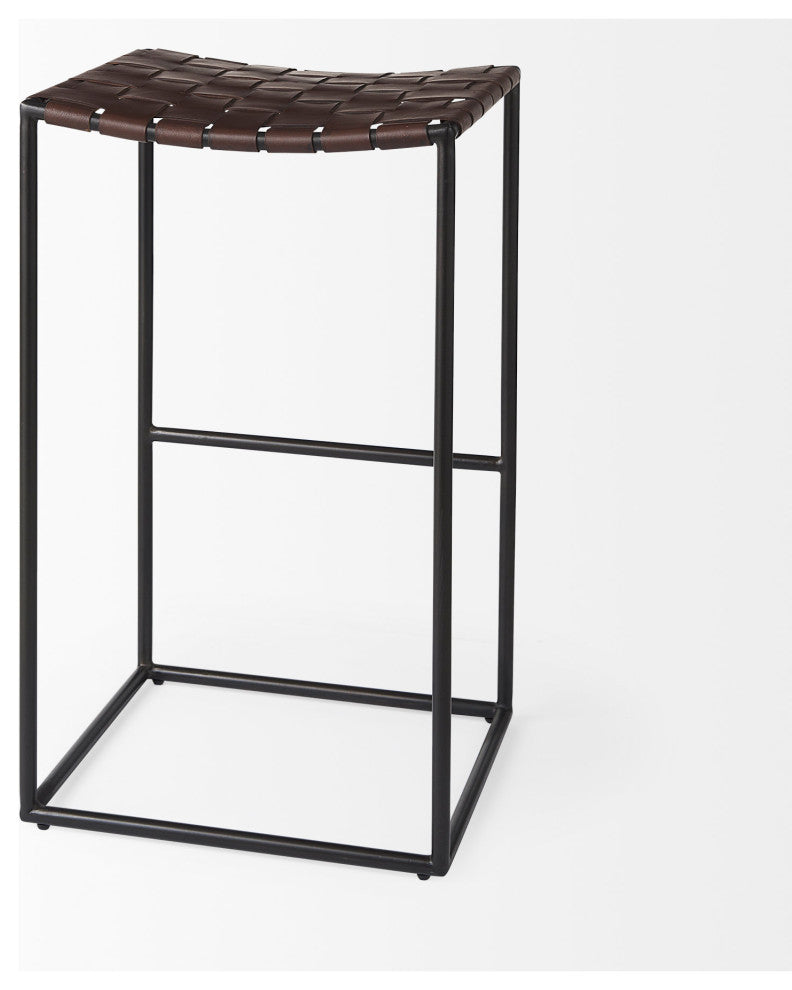Clarissa Dark Brown Woven Leather Seat with Black Metal Frame Bar Stool