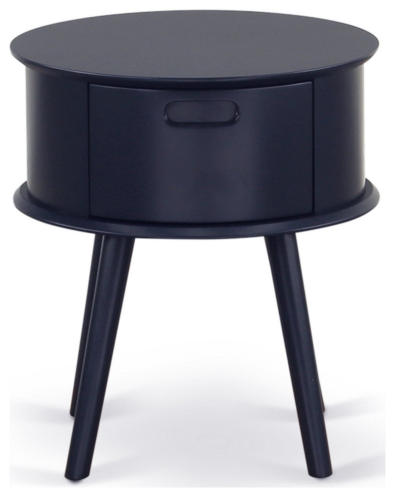 Gordon Round Night Stand End Table With Drawer, Navy Blue Finish