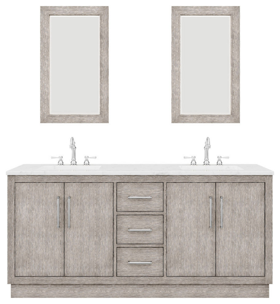 Hugo 72 Double Sink White Marble Vanity, Gray Oak With Hook Faucets and Mirrors