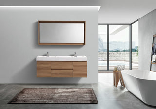 Bliss 60'' Wall Mount Double Sink Modern Bathroom Vanity, Honey Oak