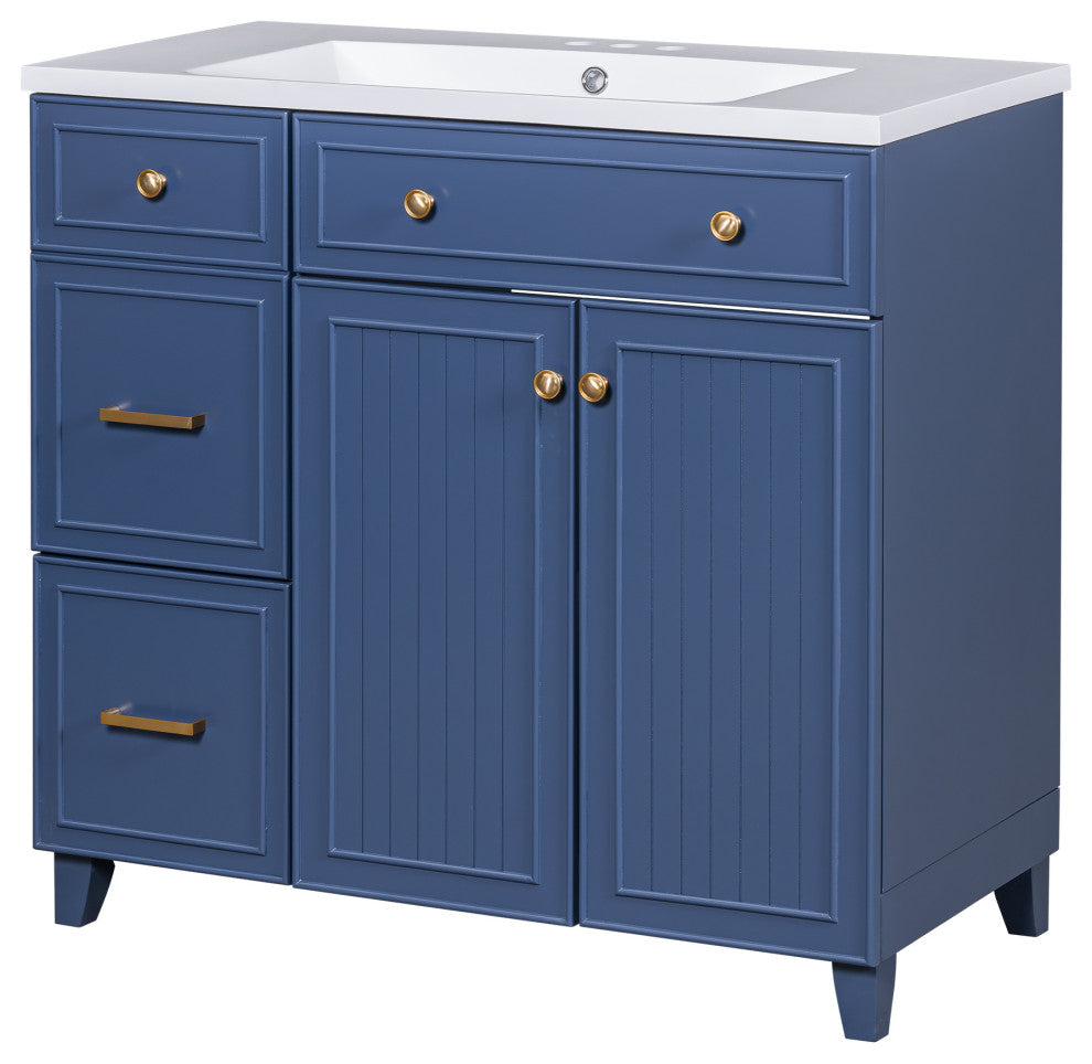 36 Inch Bathroom Vanity, Transitional Style Bathroom Cabinet with Resin Sink, Navy Blue