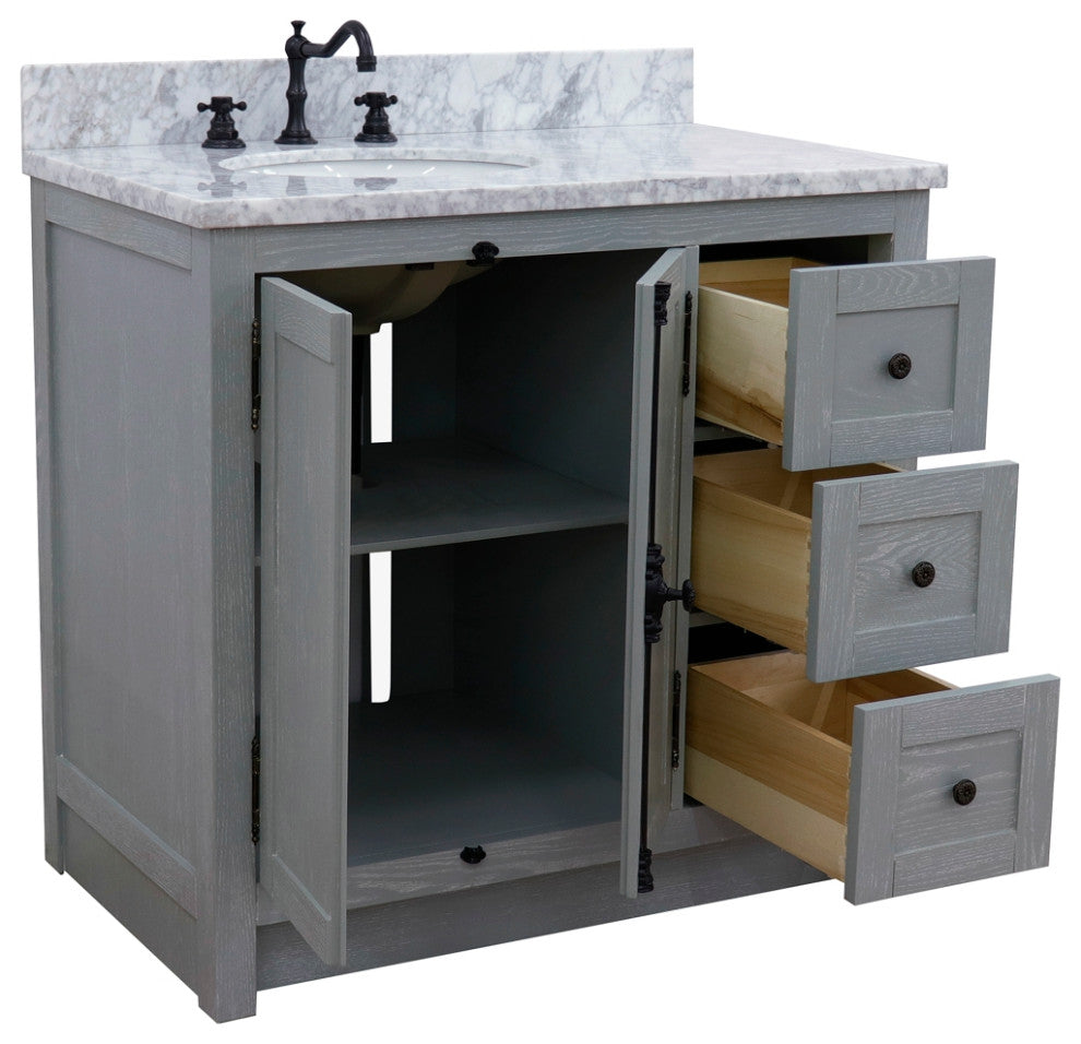 37" Single Vanity, Gray Ash With White Carrara Top, Left Doors/Left Oval Sink